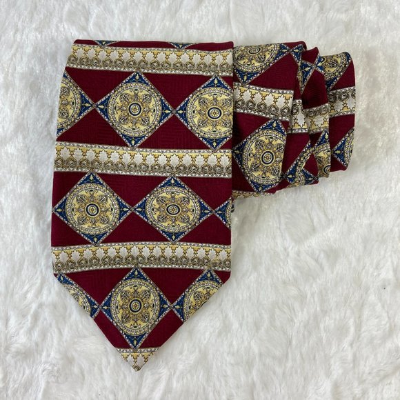 Vintage Albert Nipon Silk Mens Tie Regal Pattern Deep Red Gold Blue Art Deco - Picture 2 of 5
